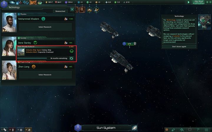 The panel will disappear and you will notice status information on the current project, in the area that allowed you to start your research - How to set foundations for the empire in Stellaris? - A good start in Stellaris - Stellaris Guide