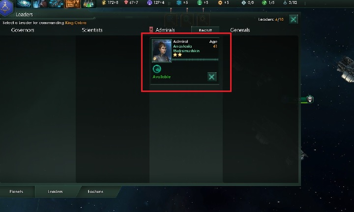The commander that you select will be available in the main panel in his column - How to set foundations for the empire in Stellaris? - A good start in Stellaris - Stellaris Guide
