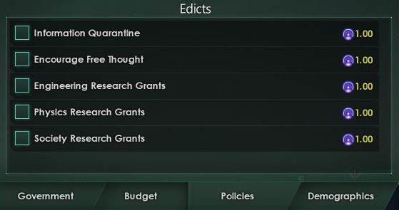 Access to edicts is available throug the Government panel in the Policies tab. - Imperial edicts in Stellaris - Government - Stellaris Guide