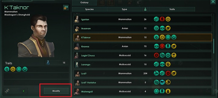 Access to genetic modifications is available after the you develop the technology to uplift pre-sentient species - Populations management in Stellaris - Management - Stellaris Guide