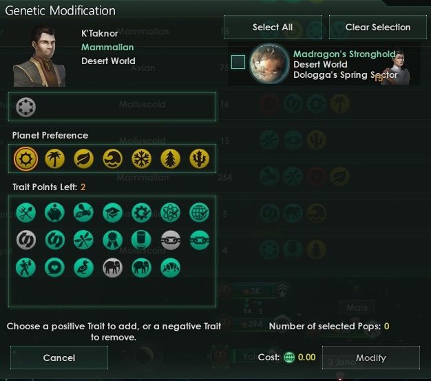 Each genetic change requires you to choose the planet on which it will be carried out - Populations management in Stellaris - Management - Stellaris Guide