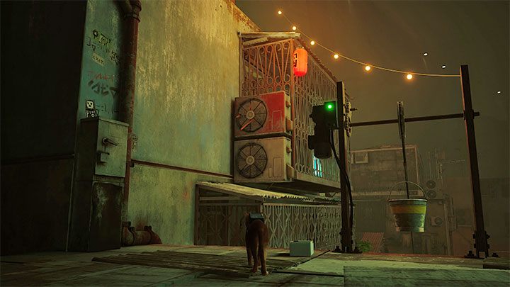 In this case, you must reach the barricaded balcony of Zbaltazar's apartment shown in the picture above - Stray: The Slums, Chapter 4 - walkthrough - Walkthrough - Stray Guide, Walkthrough