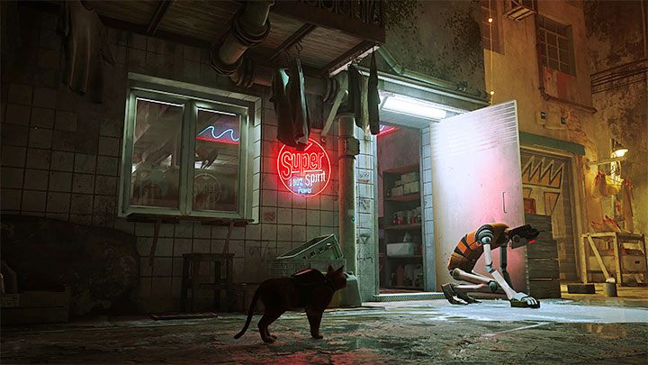 The owner will leave the laundry and stay outside - you don't have to hurry - Stray: The Super Spirit Laundry puzzle - The Slums - Puzzles - Stray Guide, Walkthrough