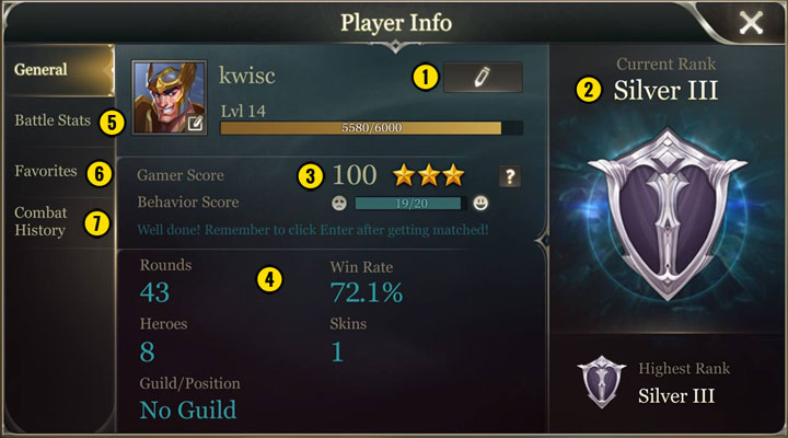 Here you can find details of your account and outcome of matches - Game menu in Arena in Valor - Game Guide - Strike of Kings Game Guide