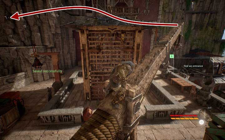 Jump onto the crane again, when the elf below you will not be looking - Get through the gate | Mission 2 - Korrangar - Mission 2 - Korrangar - Styx: Shards of Darkness Game Guide