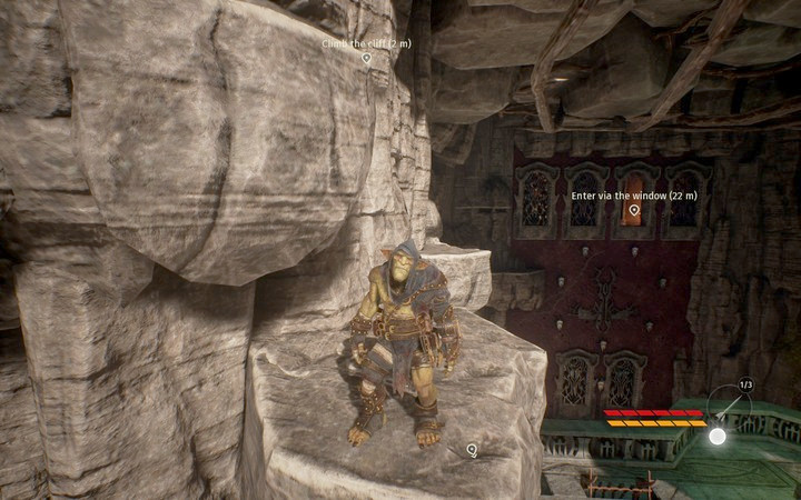 Jump, to latch onto the rocks and move along the cliff - Get through the gate | Mission 2 - Korrangar - Mission 2 - Korrangar - Styx: Shards of Darkness Game Guide