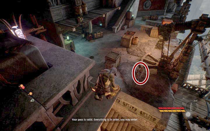 Like in the previous case, you should walk from the balcony on the first floor along the edge right to its end, directly above the group of talking guards - Acquire a pass | Mission 2 - Korrangar - Mission 2 - Korrangar - Styx: Shards of Darkness Game Guide