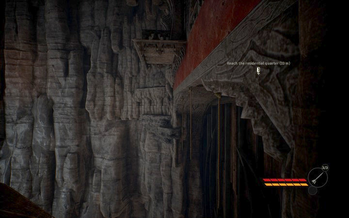 Use the ropes to reach the second stone wall and climb higher - Reach the residential quarter | Mission 2 - Korrangar - Mission 2 - Korrangar - Styx: Shards of Darkness Game Guide