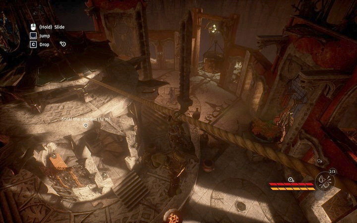 Use the rope from the walls around the square to reach the roof of the altar - Pickpocket the Priestess and the Ambassador | Mission 3 - Diplomacy - Mission 3 - Diplomacy - Styx: Shards of Darkness Game Guide