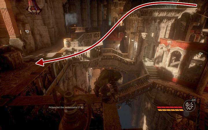 The roof of the building with the tower is a safe position to jump onto the stone stairs below you, at the entrance to the baths - Pickpocket the Priestess and the Ambassador | Mission 3 - Diplomacy - Mission 3 - Diplomacy - Styx: Shards of Darkness Game Guide