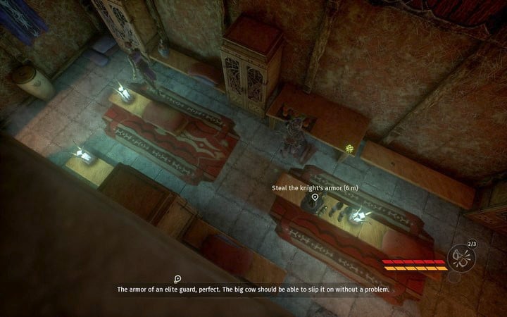 The armour lies on a bench in the hallway - Acquire the clothing | Mission 3 - Diplomacy - Mission 3 - Diplomacy - Styx: Shards of Darkness Game Guide