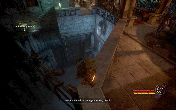 Jump down avoiding the opponents and talk to Helledryn - Find Helledryn | Mission 3 - Diplomacy - Mission 3 - Diplomacy - Styx: Shards of Darkness Game Guide