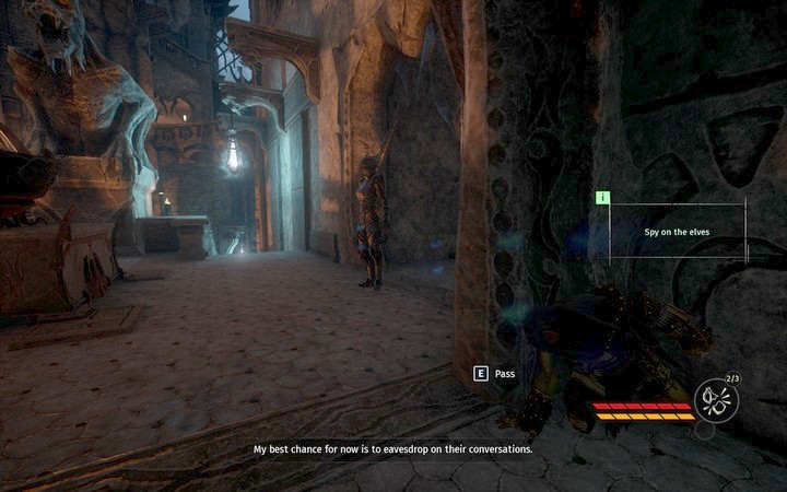 There are two guards: the one on the right will step away from her post a bit from time to time - this is the moment in which you must sneak behind her back and head further down the stairs - The Sanctuarium | Mission 3 - Diplomacy - Mission 3 - Diplomacy - Styx: Shards of Darkness Game Guide