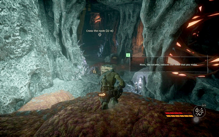 The moss partially absorbs the impact of the fall and muffles the sound of movement - The Mine | Mission 4 - That Which is Hidden - Mission 4 - That Which is Hidden - Styx: Shards of Darkness Game Guide