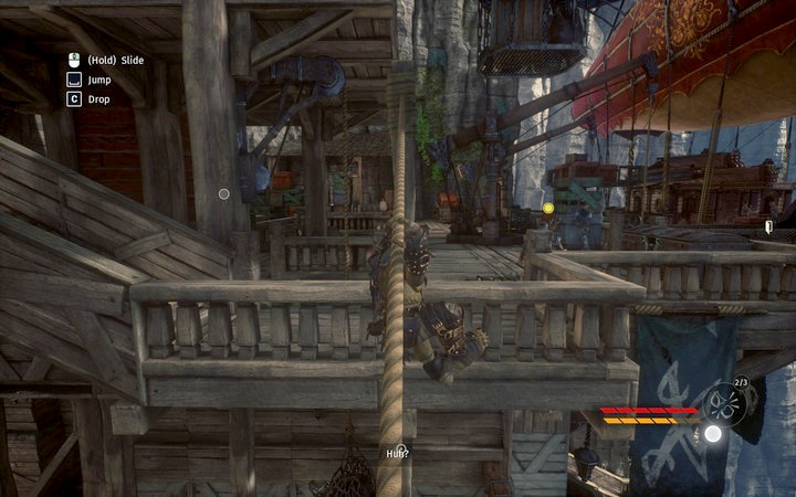 Use the rope to return to the docking area - Boarding the Airship | Mission 5 - Caught in the Trap - Mission 5 - Caught in the Trap - Styx: Shards of Darkness Game Guide