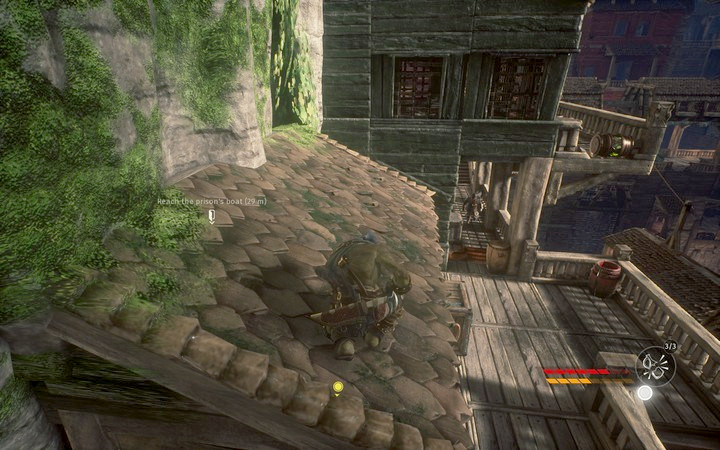 From that rooftop, you can eavesdrop on the dwarfs talking about a treasure - Obtain the bomb | Mission 8 - Sabotage - Mission 8 - Sabotage - Styx: Shards of Darkness Game Guide