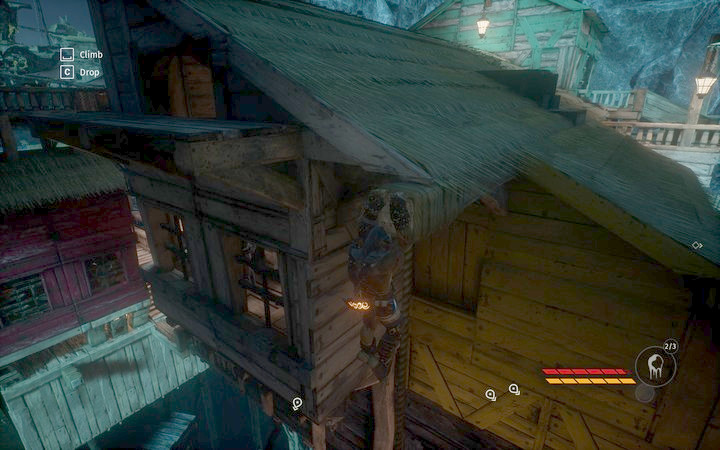 Walk over the thatched roof and lower yourself on the rope - Kill Grab-Jack and collect quartz | Mission 6 - Smell of Freedom - Mission 6 - Smell of Freedom - Styx: Shards of Darkness Game Guide