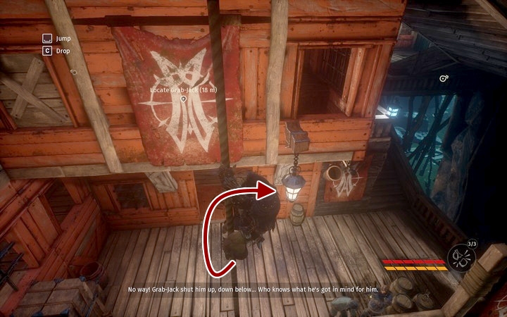 Lower yourself onto the terrace and activate invisibility by the opened inn door - Kill Grab-Jack and collect quartz | Mission 6 - Smell of Freedom - Mission 6 - Smell of Freedom - Styx: Shards of Darkness Game Guide