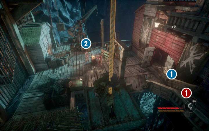 Behind the gate, theres another square: before the building theres the 9th poster (1), and on the crate next to the handrail, 7th token (2) - City of thieves | Mission 1 - Revelations - Mission 1 - Revelations - Styx: Shards of Darkness Game Guide