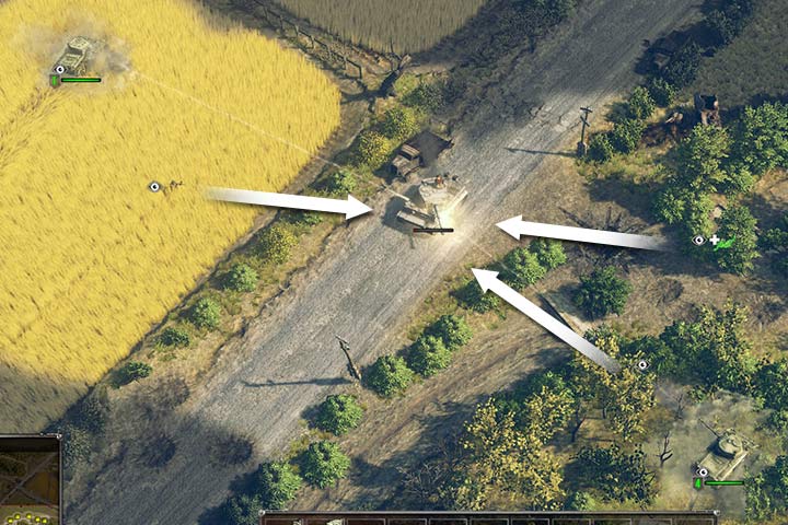 Hidden infantry provides good field of view (white arrows) for your nearsighted tanks and artillery. This is how you can easly destroy even the harderst enemy tanks. - Reconnaissance | Battle tactics - Battle tactics - Sudden Strike 4 Game Guide