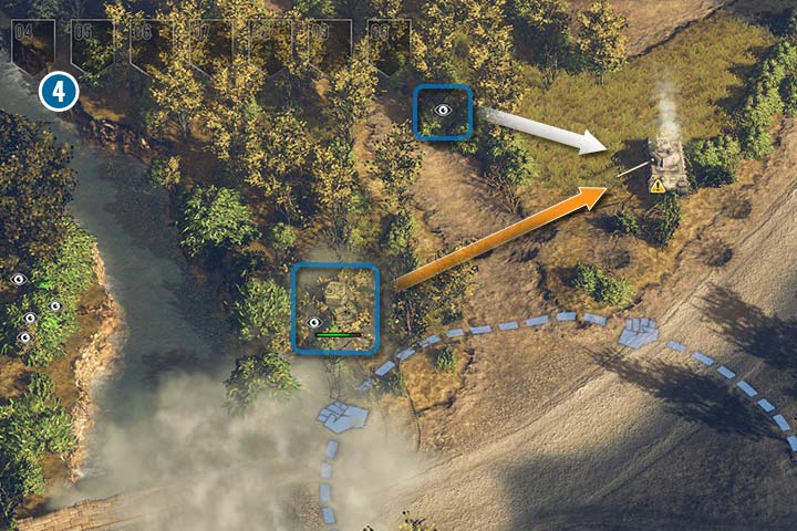 Tanks with camouflage and smoke discharge system are a dangerous combination. Smoke can help them to sneak into dense plants. This allows them to shoot from the shadows (the orange arrow). In addition to that you should have a scout in the area to have additional range of vision (the white arrow). - Mission 3 - Battle of the Falaise Pocket | Allied | Campaign - Allied - Sudden Strike 4 Game Guide