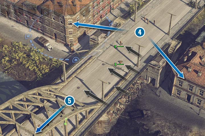 Place mines on the bridge to welcome the German vehicles properly (the black arrows). Then, hide most of your units in the buildings nearby (4) and send a small group on the other side (5). - Mission 4 - Operation Market Garden | Allied | Campaign - Allied - Sudden Strike 4 Game Guide
