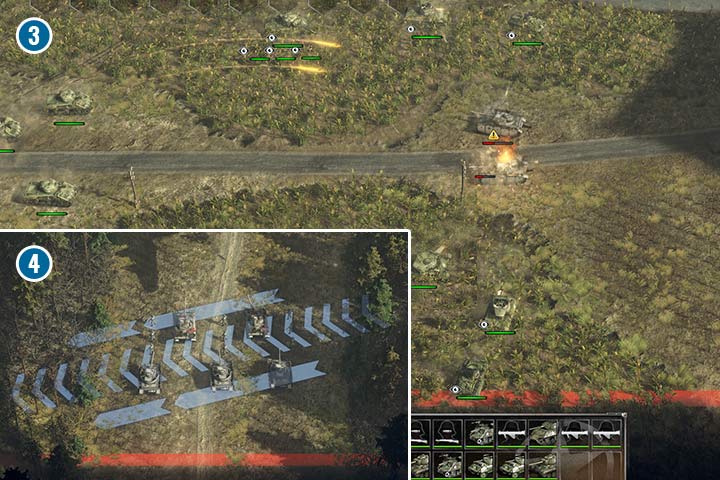Camouflaged tanks can be very effective. Panzer IV had no chances against a simultaneous salvo from a dozen of Allied units (3). On the east, there is a road between forests where you can find German reinforcements (4). - Mission 7 - Operation Plunder | Allied | Campaign - Allied - Sudden Strike 4 Game Guide