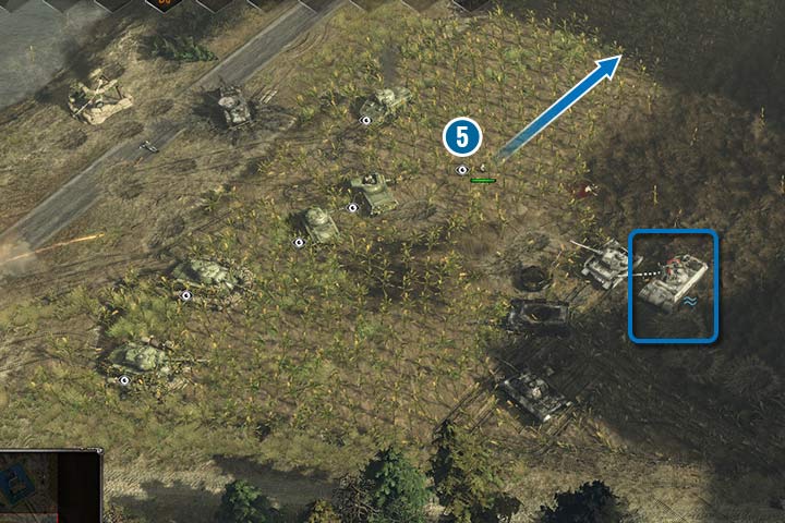 Enemy units werent careful enough and they drove straight into swamp and the enemy Panther got stuck (water current symbol). This makes it an easy target for your soldiers. However, you should watch out which orders you give to your vehicles because they like to drive into bad places. Send a scout ahead (5) so the enemy wont surprise you with a counterattack. - Mission 7 - Operation Plunder | Allied | Campaign - Allied - Sudden Strike 4 Game Guide