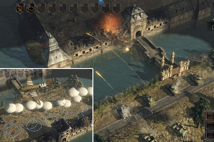 Shoot at all buildings that are on the island with the castle. Bombard the rest of the buildings and the square in the island in the center to eliminate anti-aircraft guns. Now, you can send your paratroopers and clear the rest of the buildings. - Mission 7 - Operation Plunder | Allied | Campaign - Allied - Sudden Strike 4 Game Guide