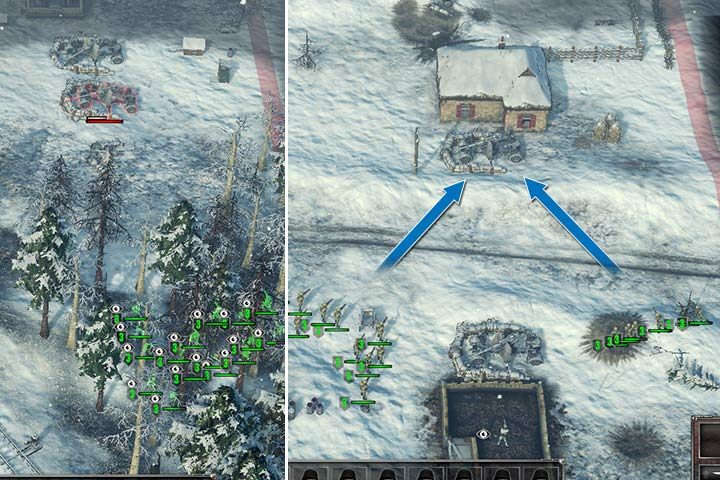 Heavy German cannons are easiest to eliminate using artillery, but if you want to take them over, use only infantry armed with rifles or automatic weapons. Take advantage of the possibility to hide in the forest to shoot with impunity. If you dont have such facilities, attack the cannon from both sides. One of the groups will eliminate the unprotected personnel. - Mission 2 - Battle of Moscow | Soviet | Campaign - Soviet - Sudden Strike 4 Game Guide