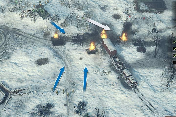Set the tanks up at the crossroad, and the cannons in a safe distance, turned towards the road. The infantry can hide in tall grass or other vegetation (white arrow), in order to provide vision of enemy movements. - Mission 2 - Battle of Moscow | Soviet | Campaign - Soviet - Sudden Strike 4 Game Guide