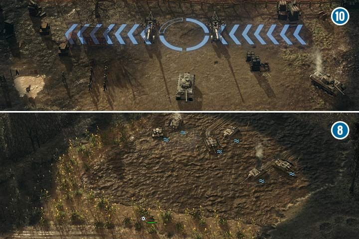 A well-positioned bomber will resolve the greatest obstacle of the location on the right - the artillery (10). The one on the left is surrounded with swamp, which makes a panzer raid more difficult. You can, though, lure the enemy to the swamp and disable their units. Theyll be an easy target. - Mission 6 - Balaton Defense Operation | Soviet | Campaign - Soviet - Sudden Strike 4 Game Guide