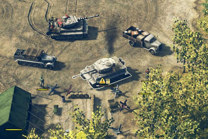 The abandoned Tiger needs repairing and restocking. It is low on resistance, has broken thread and cannot move. White resistance bar indicates that it is empty and ready for seizing. - Ammunition, fuel, repairs, vehicle capturing | Game Basics - Game Basics - Sudden Strike 4 Game Guide