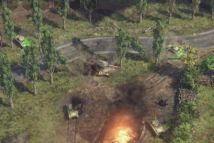 The track of this Tiger is destroyed, which makes it and easy target for your Shermans. Now, you gave to attack it either from the side or from the back to speed up its destruction. - Tanks and lightweight armored vehicles | Unit types - Unit types - Sudden Strike 4 Game Guide