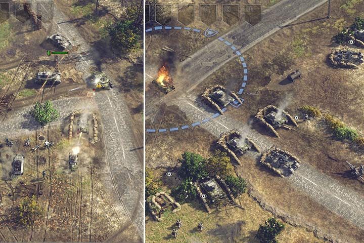 The British heavy tank is hard to destroy but striking it from different directions should do the trick. Once this is done, make sure to set up your own defenses along the crossroad. Hide as many units as possible in the bushes and fortify your position with sandbags. - Battle of France | German| Campaign - German - Sudden Strike 4 Game Guide