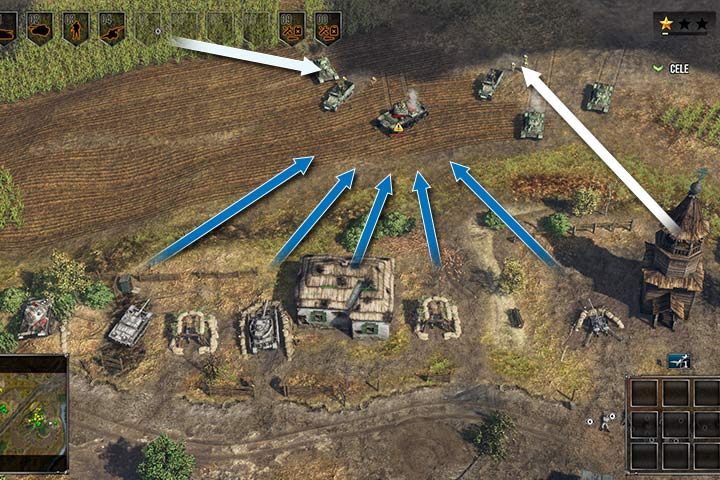 If you line up several cannons, you will gain a wide angle of fire. Even heavy tanks will not be able to resist such power. Place your infantry in the fields and the wooden tower to increase your vision (the white arrow). - Battle of Kursk | German| Campaign - German - Sudden Strike 4 Game Guide