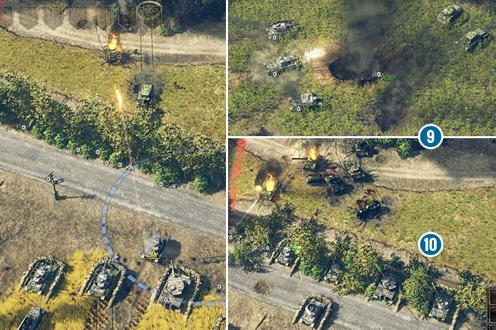 Place the first fortified line right behind the road, and keep your scouts in the small forest (see left screenshot). This will allow your tanks to destroy hostile units from a safe distance. If your tanks have camouflage, you can put them in the forest or high grass (right screenshot). Furthermore, the infantry will increase the vision. - Mission 6 - Battle of the Falaise Pocket | German| Campaign - German - Sudden Strike 4 Game Guide
