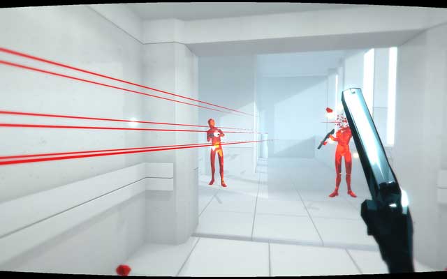 When the elevator doors open, two thugs with shotguns will attack - Levels 16-20 - Walkthrough - SUPERHOT - Game Guide and Walkthrough
