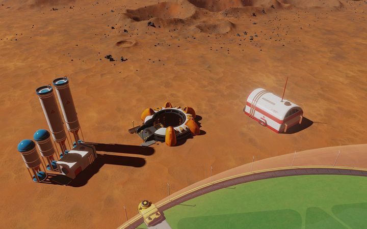 Those buildings are: polymer factory, metal extractor, drone hub (the first screenshot, starting from the left), thermonuclear reactor, rare metal extractor and mushroom farm (the second screenshot, starting from the left) - Expanding your base in Surviving Mars - Gameplay - Surviving Mars Game Guide