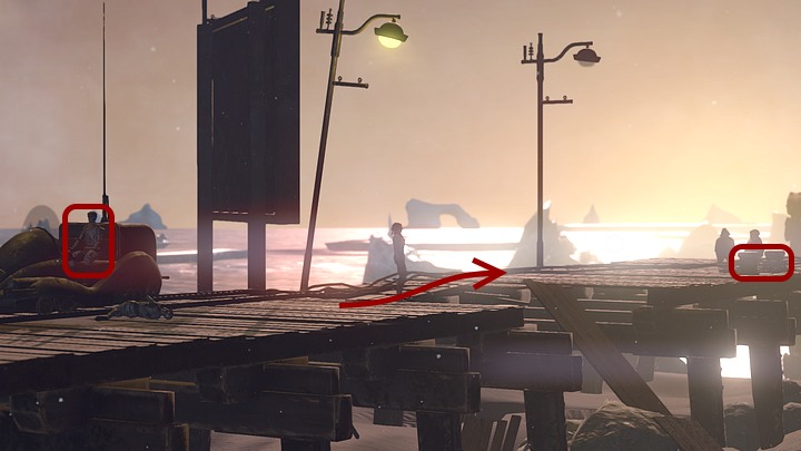 Through the makeshift bridge that has connected the pier in the meantime, approach the Youkols standing near the ship - Help Oscar tug the Krystal | Chapter five | Walkthrough - Chapter five - Syberia 3 Game Guide