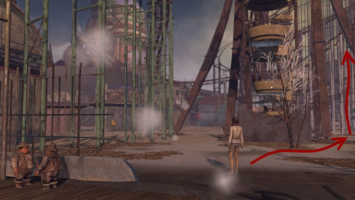 When they attatch the rope to the ferris wheel, go towards it - go through the gap in the fence (to the right from Oscar) and go further inside, so that you end up on the right side of the ferris wheel - Find a way to tug Krystal and release the ostriches | Chapter five | Walkthrough - Chapter five - Syberia 3 Game Guide