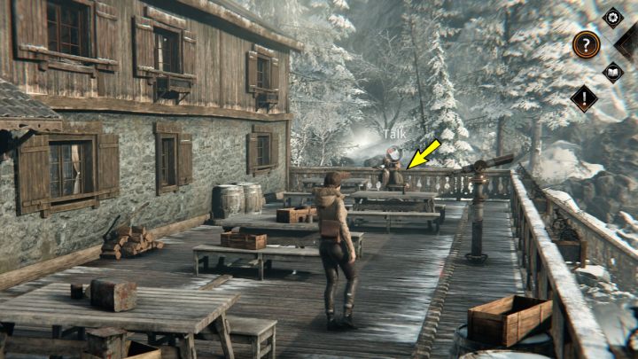 Leave the hostel building and talk to Leni on the terrace - Syberia The World Before: Vaghen - Silberspiegel refuge, autumn 2005 part 2 - walkthrough - Walkthrough - Syberia The World Before Guide