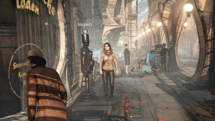 Inspect the vending machine on the left side of the street - Siberia The World Before: Vaghen - Bridge of Mists, autumn 2005 part 1 - walkthrough - Walkthrough - Syberia The World Before Guide