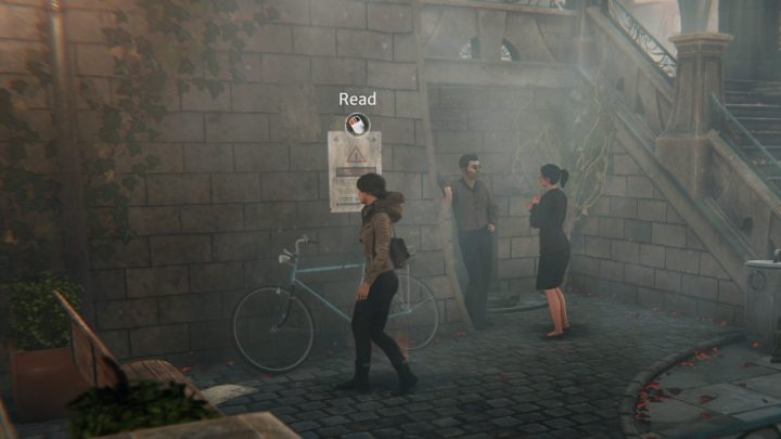 At the end of the street, you will find a staircase - go down and examine the piece of paper hanging above the bicycle - Siberia The World Before: Vaghen - Bridge of Mists, autumn 2005 part 1 - walkthrough - Walkthrough - Syberia The World Before Guide
