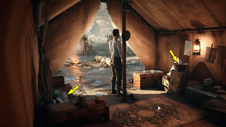 Wash your face in the bowl, then examine the equipment on the left side of the tent - Siberia The World Before: Baltayar - Mountain, autumn 1937 - walkthrough - Walkthrough - Syberia The World Before Guide