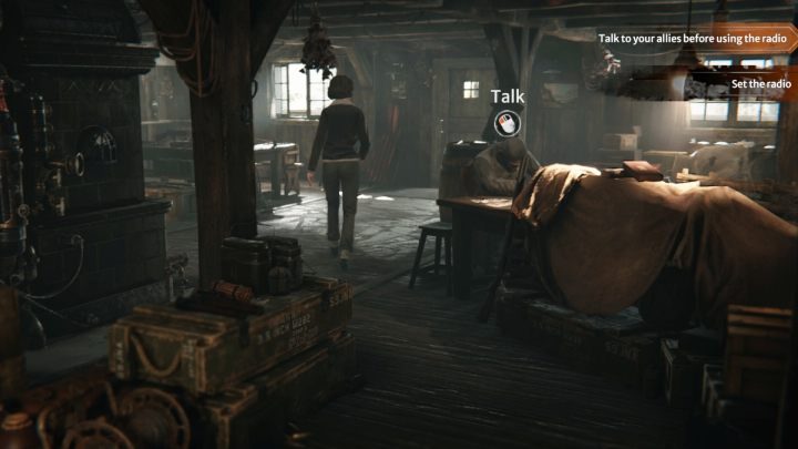 Go down to the ground floor of the building and talk to the gorun sitting at the table - Syberia The World Before: Vaghen - Silberspiegel refuge, 1944 - walkthrough - Walkthrough - Syberia The World Before Guide