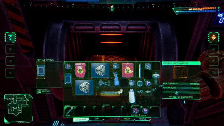 After depositing all items, you can safely leave the inventory screen, and then right-click the pulsing green button at the top of the station - System Shock Remake: What is the Scrap for? - FAQ - System Shock Remake Guide