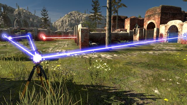 Move to the back with it and connect the blue button and the transmitter with the button of the external gate - which leads to the robot - Ray Trivia | World 3 - World 3 - The Talos Principle Game Guide