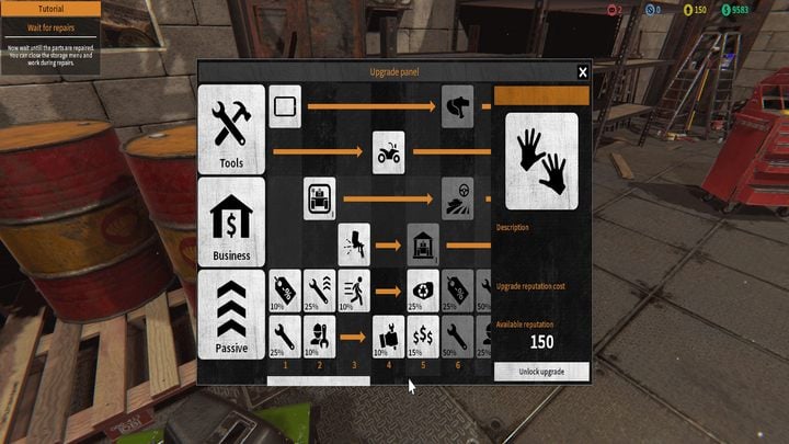 The improvements menu is available next to the tool cabinets. - Starting tips for Tank Mechanic Simulator - Basics - Tank Mechanic Simulator Guide
