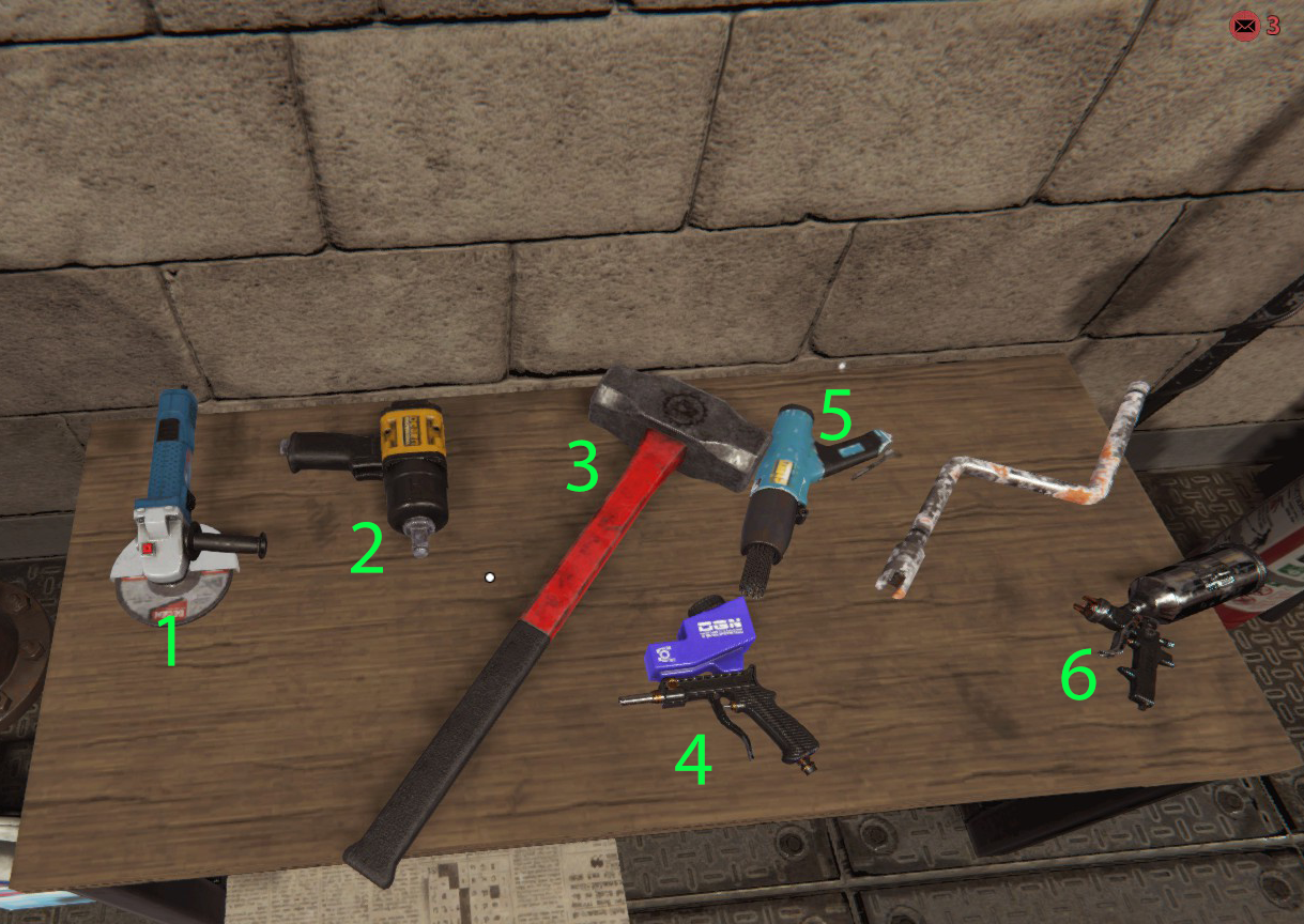 All the tools are on the table near the workshop pit. - Repairing tanks in Tank Mechanic Simulator - Basics - Tank Mechanic Simulator Guide